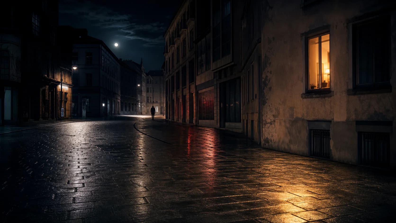 Pusta nocna ulica, samotna postać i ciepłe światło w oknie